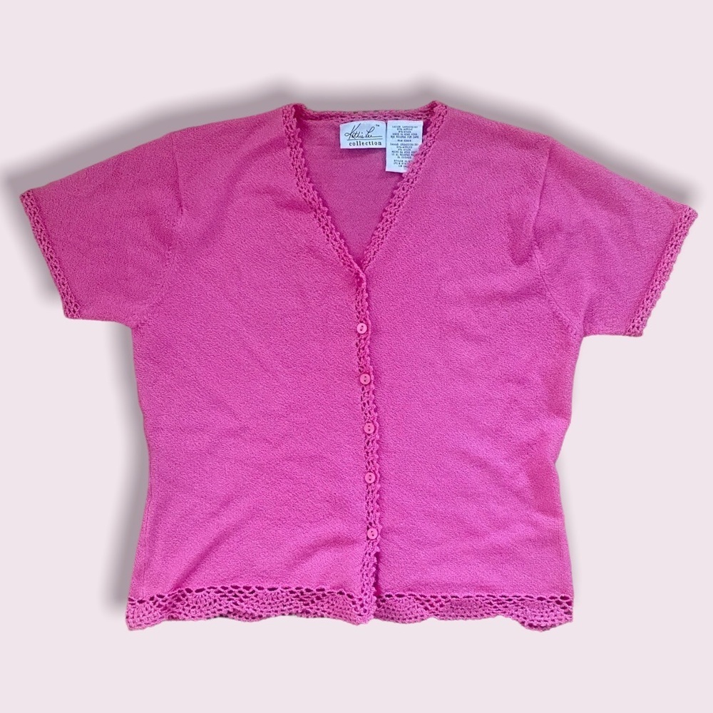 90s hot pink knit short sleeve button down